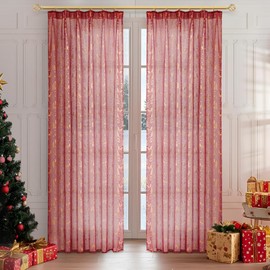 MRTREES Curtain Christmas Living Room Curtains Modern Set of 2 Red Curtains Children's Room Curtains with Hooks Transparent with a Christmas Motif for Living Room Children's Room 225 x 140 cm (H x W)