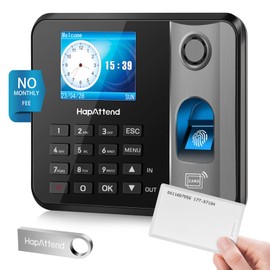 HapAttend Time Clock - Fingerprint Time Clocks for Employees Small Business Automatic Calculate Hours, No WiFi H1 Standalone Biometric Clock in Machine for Employees with 5 RFID Cards (0 Monthly Fees)