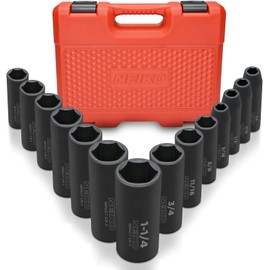 Neiko 02476A 1/2" Impact Socket Set, 14 Piece 6 Point Impact Set, Standard Impact Socket Set, SAE Sizes (3/8-Inch to 1-1/14") Cr-V Steel, Deep Socket Set 1/2 Drive,