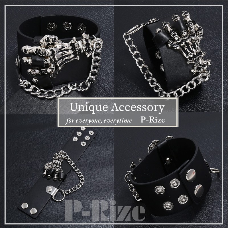 P-Rize Punk Bracelet, Unisex, Skull Hand & Chain, Black, Leather