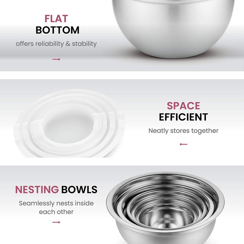 FineDine Stainless Steel Mixing Bowls Set with Lids, Home Kitchen
