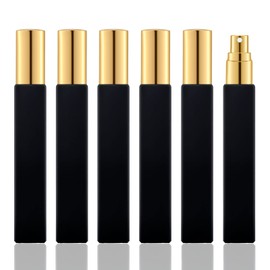 KOIBITO 10ml Black Glass Perfume Atomizer for Men & Women. Refillable Glass Spray Bottle with Aluminum Pump. Portable Fragrance Bottle for Perfume, Cologne, Moisturizing (6PCS, Gold)