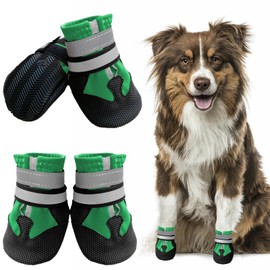 Muecleao Dog Shoes, Paw Protection, Pack of 4 Waterproof Non-Slip Dog Boots with Non-Slip Sole and Reflective Velcro Fastening, Dog Shoes for Small, Medium and Large Dogs (Green, XL)