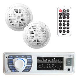 Pyle Marine Receiver & Speaker Kit - In-Dash LCD Digital Stereo Built-in Bluetooth & Microphone w/ AM FM Radio System 5.25’’ Waterproof Speakers (2) MP3/USB/SD Readers & Remote Control - PLMRKT36WT