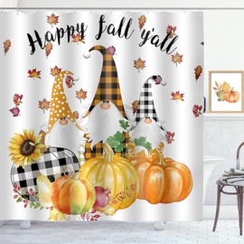 ZCHOMI Fall Gnomes Pumpkin Shower Curtain Maple Leaves Autumn Harvest Thanksgiving Shower Curtain for Bathroom Waterproof Polyester Fabric Bath Curtain 72 x 72 Inch with 12 Plastic Hooks