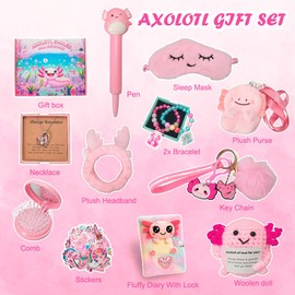 Axolotl Gift Set for Girls - Cute Axolotl-Themed Toy Box with Fluffy Diary, Stickers,Pen, Crocheted Stuffed Animal, Pink Purse, Necklace, Keychain, and More Axolotl Stuff - Birthday Gifts for Kids