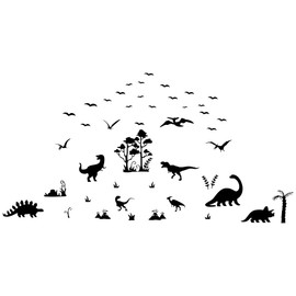 ANFRJJI Black Dinosaur Nursery Wall Decals Minimalist Animals Vinyl “Volcano, Pterosaur, Triceratops, Tyrannosaurus,geese, Sabretooth ” Wild Dinosaur Wall Art Sticker for Nursery Kids Room Home Effect size 35"x65"inch (black-JWH218)