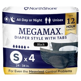 NorthShore MegaMax Adult Overnight Diapers, 12-Hour Tab-Style, Small, 4 Count Trial, Black, 24-34 inches, Unisex Incontinence Underwear