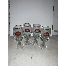 STELLA ARTOIS 33CL BEER GLASS SET OF 4 GOLD RIMMED GLASSES CHALICES BELGIUM NEW!