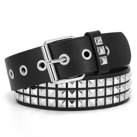 WHIPPY Women Men Rivet Studded Belt Row Pyramid Square Bead PU Faux Leather Punk Rock Grommet Belt for Jeans,Silver Black,XL