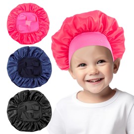 Nogeqi 3PCS Adjustable Kids Bonnets for Girls, Silk Bonnet for Sleeping Kids Natural Hair, Satin Bonnet for Toddler Baby Night Sleeping(Black, Rose Red, Navy Blue)