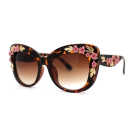 Womens Metal Flower Foliage Jewel Brow Trim Oversize Cat Eye Sunglasses Tortoise Brown