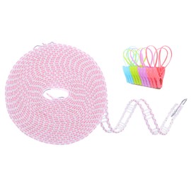 uxcell Windproof Clothesline, 8M 26ft Plastic Non-Slip Clothes Drying Rope with 12 Clips, Portable Washing Line for Outdoor Camping Traveling, Pink