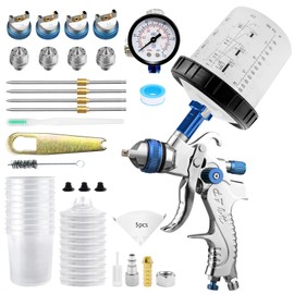 RRJ HVLP Spray Gun Kit, 650ml Mixing Cup& 10x Disposable Cups and Lids, Paint Gun Automotive with 1.4/1.7/2.0/2.5mm Nozzles, Paint Guns for House Painting, Car, Furniture, Fence, DIY