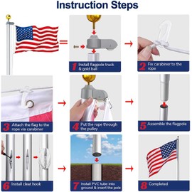 25FT Flag Pole Kit, Heavy Duty 12 Gauge Extra Thick Aluminum Outdoor In-Ground Flagpole, Golden Ball Top, 3x5 USA - Outdoor Flag Poles for Residential Commercial Garden(Silver, 25FT- Extra Thick)