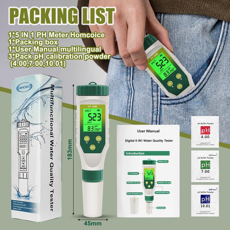 Homcoice PH Meter 5 in 1, PH EC TDS Salinity