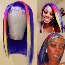 Msviki Rainbow Highlight Colored Bob Wigs Human Hair 13x4 UHD Transparent Lace Front Wigs For Women Blue Brazilian Remy Human Hair Wigs Preplucked Hair Line 180% Density 12inches