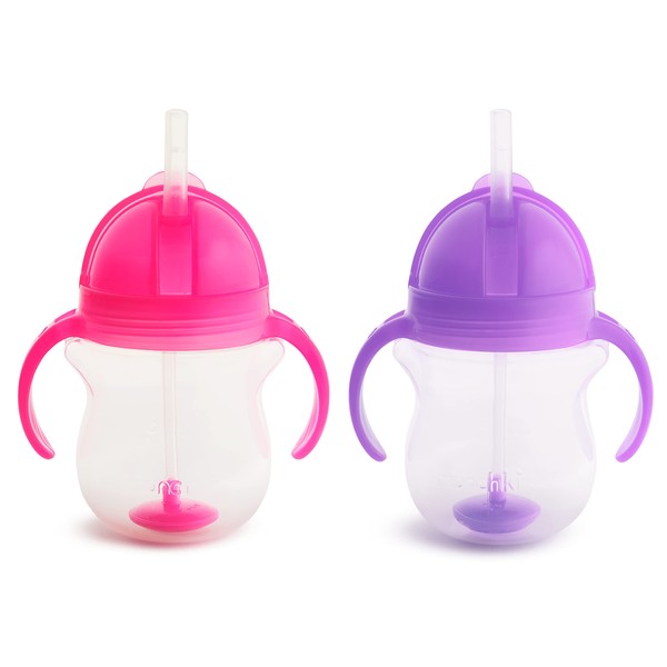 Munchkin Click Lock Tip & Sip Straw Cup Set, Baby & Toddler Sippy Cups with Straw, BPA Free Non Spill Cup, Dishwasher Safe Baby Cup, Weighted Straw Childrens Cups - 7oz/207ml, 2 Pack, Pink/Purple