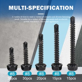 Zhenglilos #8 110Pcs Self Tapping Screws Assortment Kit, 410 Black Stainless Steel Hex Washer Head Sheet Metal Screws Wood Screws, (5/8inch，3/4inch, 1inch, 1-1/4inch，1-1/2inch)