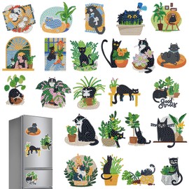 Cat Refrigerator Diamond Art Magnets - 12 Pcs Black Cat Theme Refrigerator Magnet Decorations Diamond Painting Fridge Sticker Crystal Kits Gift For Beginner Adult Craft DIY Home Decor Birthday Gift
