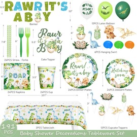 Hombae Dinosaur Baby Shower Decorations Boy, Hatching Soon Baby Shower Party Supplies with Rawr It's a Boy Tableware, Plates, Napkins, Hanging Swirls for Boys Dino Theme Party, Serves 24