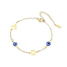 PDOUSELF Stainless Steel Evil Eye Bracelets for Women Trendy Adjustable, Evil Eye Bracelet with Chai Star of David Symbol, Protection Bracelet Gift (Gold)