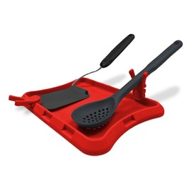 Blue Bosti Nottadrip Silicone Spoon Rest for Stove Top - Kitchen Spoon Rest for Countertop, Ladle Holder, All in 1 Serving Station, Elevate Handles, Drip to Tray, Mess Free - 3PC Set No Trivet - Red