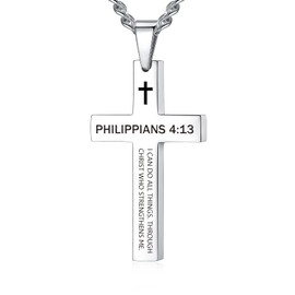 REVEMCN Inspirational Bible Verse Cross Necklace for Men Boys, Stainless Steel Plain Black Silver Cross Pendant Necklace for Men 20-24 Inches Curb Chain Faith Jewelry Gift