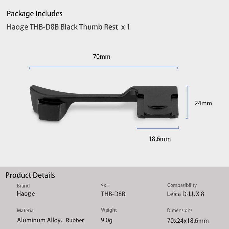 Haoge Metal Thumb Up Grip for Leica D-LUX 8 Digital