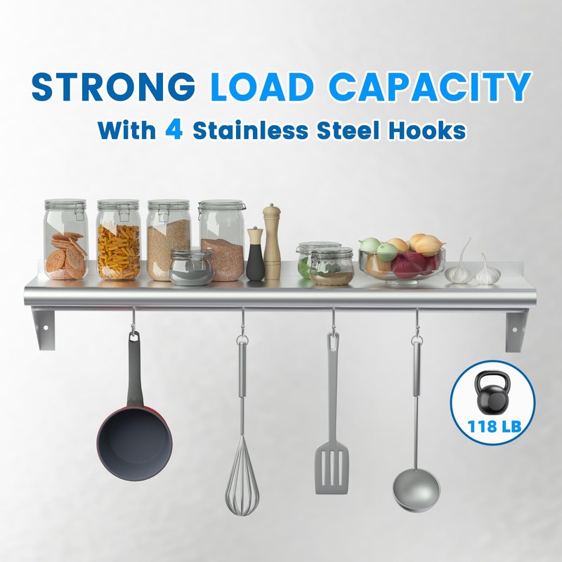 Treshin Stainless Steel Shelf with 4 Hooks 12 x 36