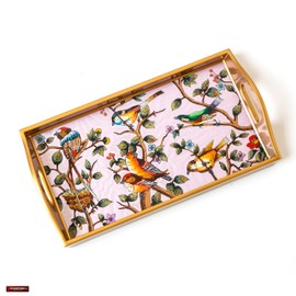Decorative Glass Wood Glass Serving Tray with handle from Peru | Small Tray for Tea, Breakfast | Housewarming Gifts | Anniversary Gift (Pink)