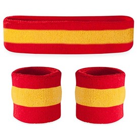 Suddora Striped Sweatband Set - (1 Headband and 2 Wristbands) Cotton for Sports & More. (Red Yellow Red)