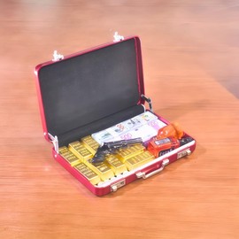 EKKZ 1:6 Scale Miniature Briefcase Set - Includes Fake Gold Bars, Bundles of $100 Mini Dollar Bills, Vintage Coins and Mini Weapons - Unique Adult NoveltyToy & Dollhouse Accessories (Red)