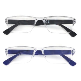 MMOWW 2er-Pack Halbrahmen Lesebrille für Damen und Herren Leicht und Bequem mit Klarer Rechteckigem mit Brillenbezug aus Leder (Schwarz+Blau, +3.5)