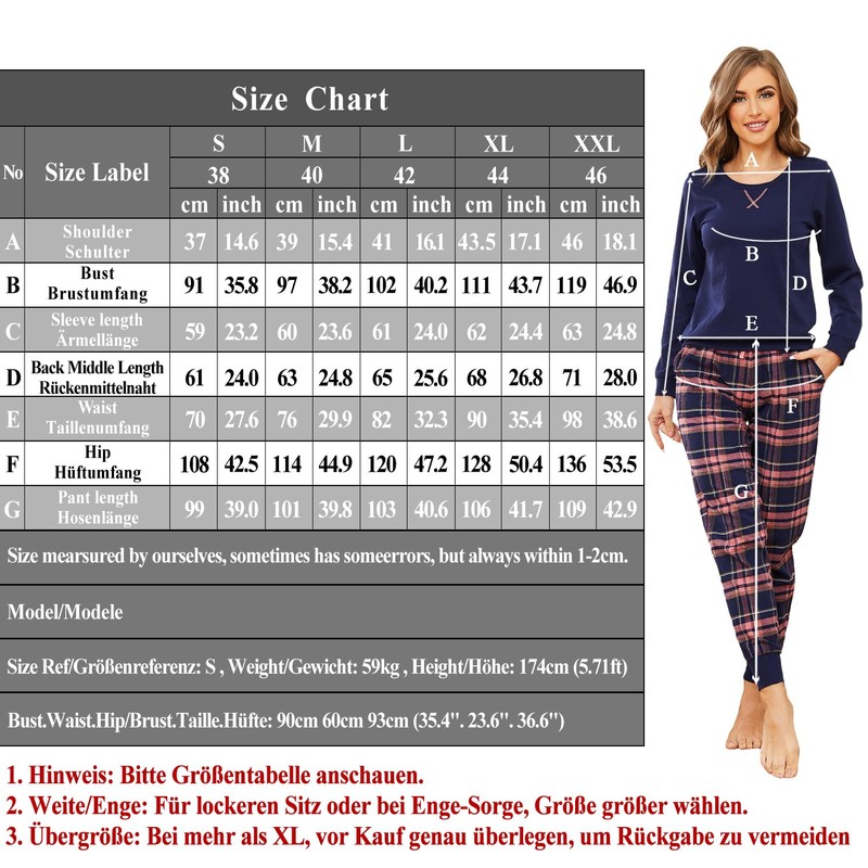 Mnemo Women's 100% Cotton Comfortable Pyjamas, with Checked Pattern, m