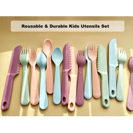 Kids Cutlery Set, 12pcs Plastic Utensils for Toddlers Real Cooking, Reusable Flatware Set with Nylon Serrated Knives, Fork and Spoon for Camping, Party, School Lunch Box (Macaron Colorful)