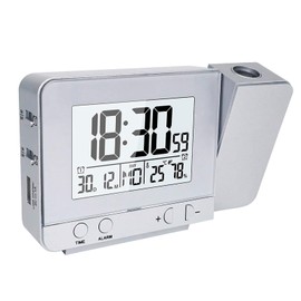 Projection Alarm Clock ALLOMN USB Charging Dual Alarms Clock with Snooze Function Projection Adjustable Large LCD Display Shows Temperature Humidity Monitor for Bedroom Heavy Sleepers (Silver)