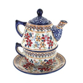 Blue Rose Polish Pottery Red Daisy Tea for One
