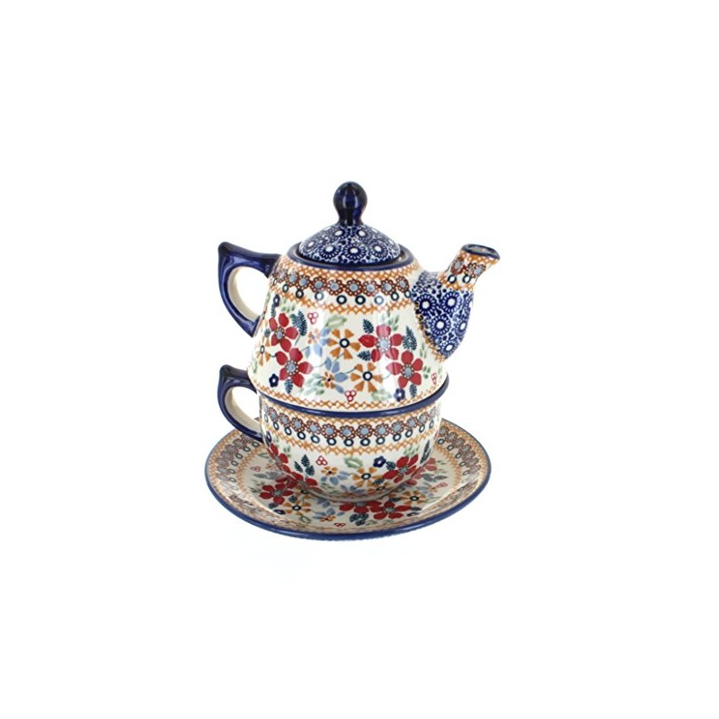 Blue Rose Polish Pottery Red Daisy Tea for One