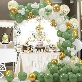Greenery God Bless Backdrop Green and Gold Baptism Photography Backdrop First Holy Communion Party Decorations Baby Shower Background (7x5FT（210x150cm）)