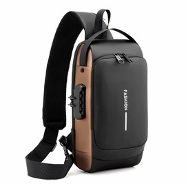 SYCYKA Mochila Cruzada Multifuncional para Hombre, Bandolera con Puerto de Carga USB y de Auriculares, Bolso de Pecho Impermeable de Cuero PU, Múltiples Compartimentos Casual Pecho Mochila (Marrón)