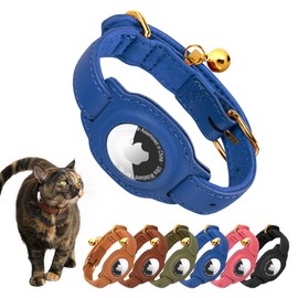 Jowlroel AirTag Cat Collar with Bell & Fabric Liner - Pet Collar Leather Cat Collar - Non Breakaway Leather Kitten Collar with AirTag Holder - GPS Cat Collars for Boy Cats, Girl Cats (Blue)