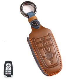 Aoocar 5 Button Leather Key Fob Cover, Fit for Ford Fusion Escape Expedition Explorer Edge Maverick Mustang Ranger F150 F250 F350 F450 F550, No Screw Design Retro Style Smart Key Protector(Brown)