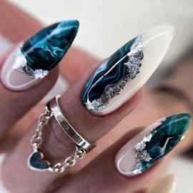 MERVF Almond Press on Nails Medium Fake Nail Blue French Tip Glue ons with Sliver Glitter Design Acrylic Nail Marble Stiletto Summer Manicure Glossy 24pcs