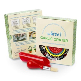 Garlic Grater Plate Set with Brush and Peeler. (#Ref 9). Handmade and Hand Painted in Cordoba, Spain. Blue with Yellow, Blue and red Circles. Flamingo Pattern.