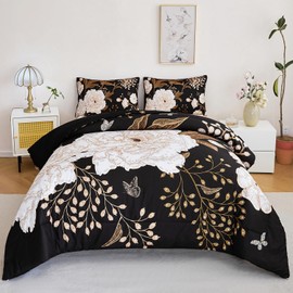 ANGIYUIN 3 Pcs Black Floral King Size Comforter Set White Flowers Comforter Gold Leaves Printed on Black Bedding Set Soft Botanical Bed Comforter Set for Women