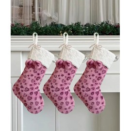 Vanteriam Pink Leopard Print Christmas Stockings, 3 Pack Large Xmas Stockings with Pink Plush Faux Fur Pom Pom Balls for Family Kids Xmas Fireplace Holiday Party Decorations