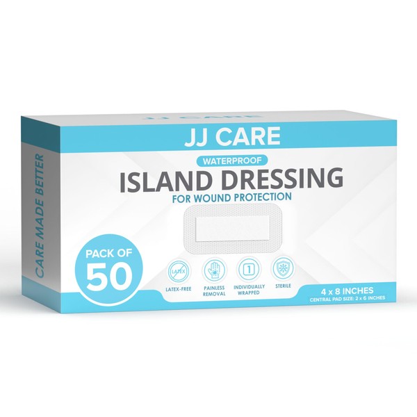 JJ CARE Waterproof Adhesive Island Dressing [Pack of 50], 4” x 8” Sterile Island Wound Dressing, Breathable Bordered Gauze Dressing, Individually Wrapped Latex Free Bandages with Non-Stick Central Pad