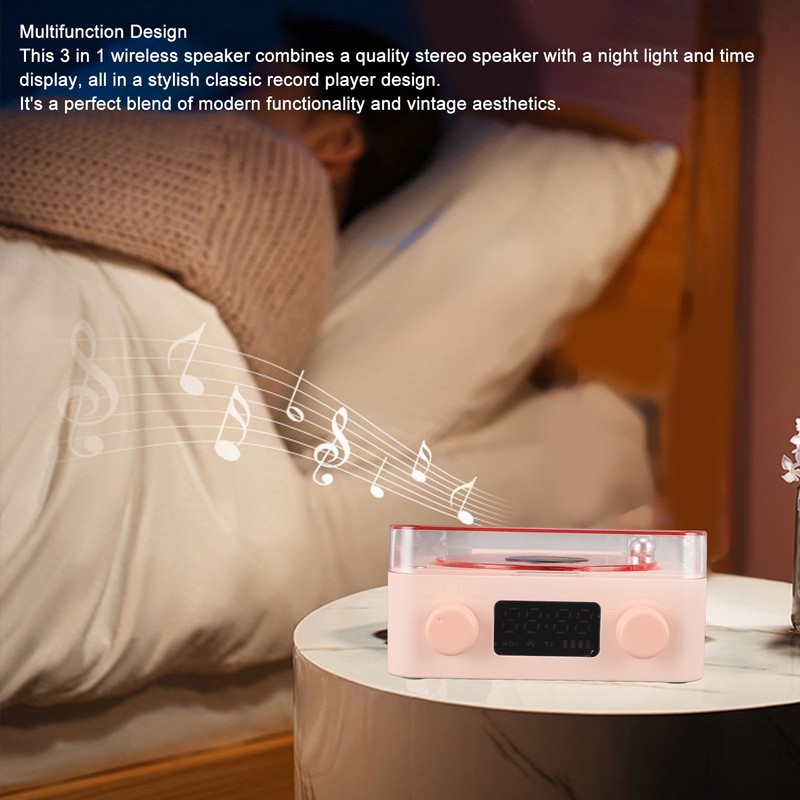 Record Player Style Bluetooth Speaker with Night Light and Time