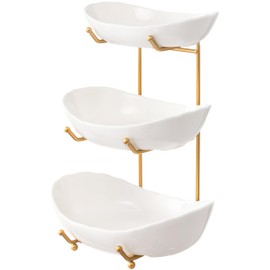 HBlife Fruit Bowl for Kitchen Counter - 3 Tier Ceramic Serving Bowls with Gold Metal Stand